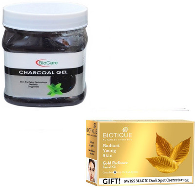 

Biocare CHARCOAL GEL 500GM WITH QUE GOLD RADIANCE FACIAL KIT 65GM(Set of 2)
