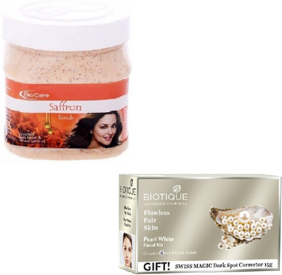 

Biocare SAFRON SCRUB 500GM WITH PEARL WHITE FACIAL KIT 65GM(Set of 2)