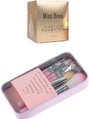 Miss Boss hk set of 7 pink brushes and matki poreless oil free foundation 50 gm combo(Set of 2)