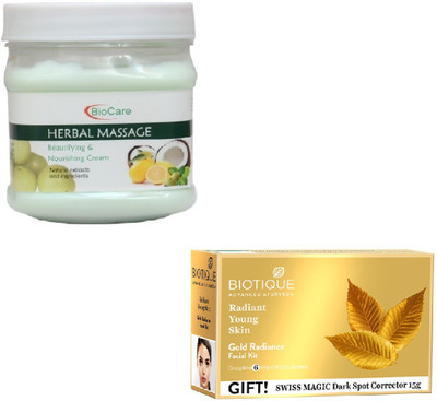 

Biocare HERBAL MASSAGE CREAM 500GM WITH BIOTIQUE GOLD RADIANCE FACIAL KIT 65GM(Set of 2)