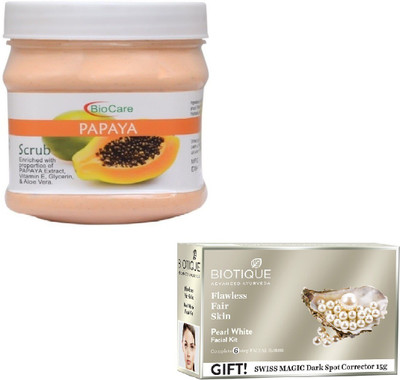 

Biocare PAPAYA SCRUB 500GM WITH BIOTIQUE PEARL WHITE FACIAL KIT 65GM(Set of 2)