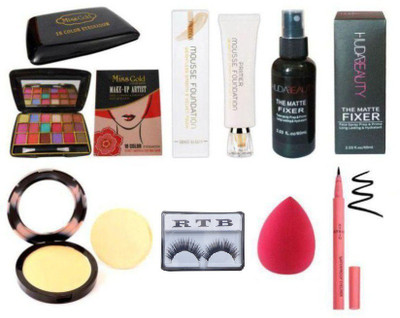 

RTB EYESHADOW, MOUSSE FOUNDATION, MAKEUP FIXER, COMPACT , EYELASH, EYELINER, SPONGE(Set of 7)