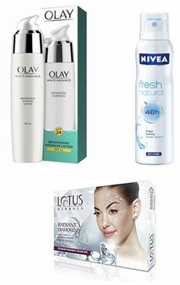 

Olay White Radiance + Nivea Fresh Natural Deo + Lotus Diamond Facial Kit(Set of 3)