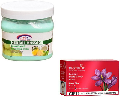 

Pink Root HERBAL MASSAGE CREAM 400GM WITH BIOTIQUE PARTY GLOW FACIAL KIT 65GM(Set of 2)