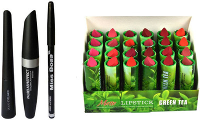

Miss Boss 24 green tea lipstick and 3 in 1 Eyeliner + eyebrow Pencil + Mascara combo(Set of 2)