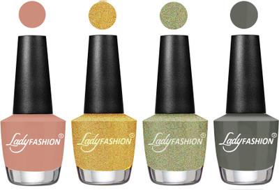 

Lady Fashion Most Alluring High Gloss Effect Matte Nail Polish Combo ( Set of 4 ) Nude , Chrome, Aqua, Dark Grey(Pack of 4)