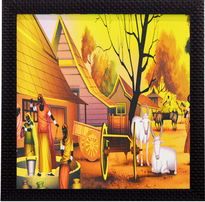 eCraftIndia Village View UV Matt Textured Ink 30.4 cm x 30.4 cm Painting(With Frame)