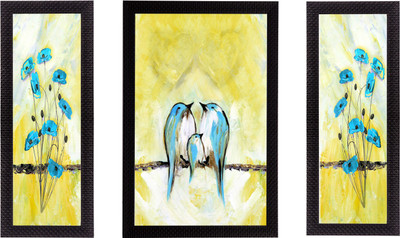 eCraftIndia Set of 3 Sitting Birds Satin Matt Texture UV Art Ink 14 inch x 24 inch Painting(With Frame, Pack of 3)