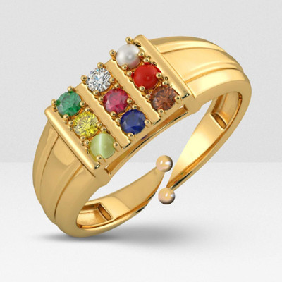 Dynamo Vedvaani Navratan Gold Plated Panchdhatu Ring 9 Gemstone Unisex Ring with Certificate of Authenticity Brass Gold Plated Ring