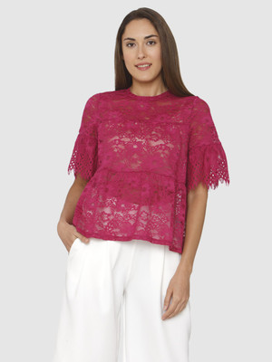 VERO MODA Casual Bell Sleeve Self Design Women Pink Top