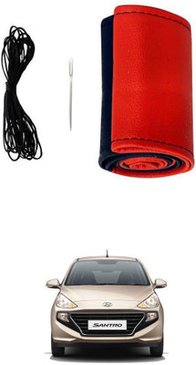 AYW Hand Stiched Steering Cover For Hyundai Santro(Red, Black, Leather)