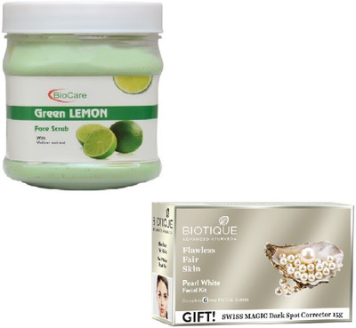 

Biocare GREEN LEMON SCRUB 500GM WITH BIOTIQUE PEARL WHITE FACIAL KIT 65GM(Set of 2)