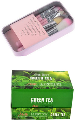 

Miss Boss 24 green tea lipstick and 7 pink makeup brushes combo(Set of 2)
