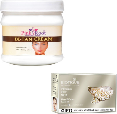 

Pink Root DE-TAN CREAM 400GM WITH BIOTIQUE PEARL WHITE FACIAL KIT 65GM(Set of 2)