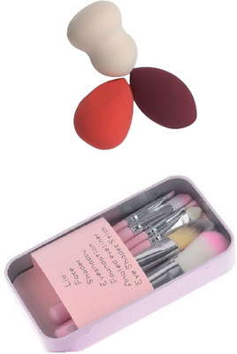 

Miss Boss hk set of 7 pink brushes and pack of 3 sponge blender puff combo(Set of 2)