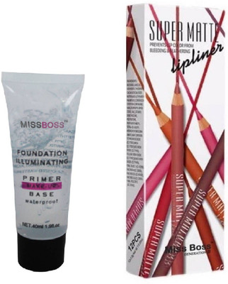 

Miss Boss Huda Foundation illuminating Primer - 40 ml and mn long lasting supermatte lipliner (pack of 12) combo(Set of 2)