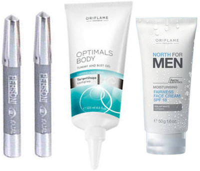 

Oriflame Sweden Optimals Body Tummy and Bust Gel and North For Men Moisturising Fairness Face Cream SPF 18 with parsoni kajal 2 pcs(Set of 4)