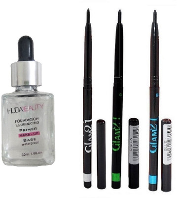 

Miss Boss hb primer 30ml and 3 color glam kajal pack (black, blue, green) combo(Set of 2)