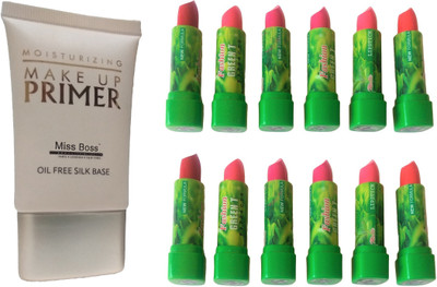 

Miss Boss 12 green tea moisturizing lipstick and glam moisturizing oil free and slik base primer 30ml combo(Set of 2)