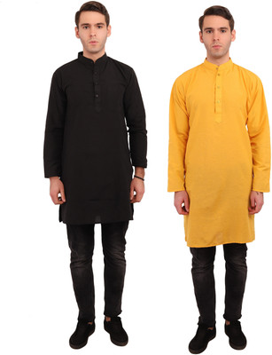 LDHSATI Men Solid Straight Kurta(Black, Yellow)