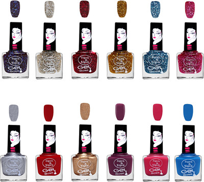 

Lips & Tips Gel Based High Shine Nail Polish Combo of 12 - silver glitter, red glitter, golden zari, pink glitter, red, purple etc (Set of 12) MULTICOLOR(Pack of 12)