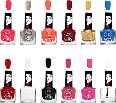 

Lips & Tips Gel Based Multicolor Nail Polish Combo Set of 12 - silver glitter, golden, red, black, base coat (Set of 12) MULTICOLOR(Pack of 12)