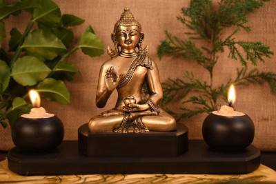 CraftVatika Brass Medicine Blessing Buddha Statue On Wooden Base with Tealight Candle Holder Decorative Showpiece Decorative Showpiece  -  20.32 cm(Brass, Gold)