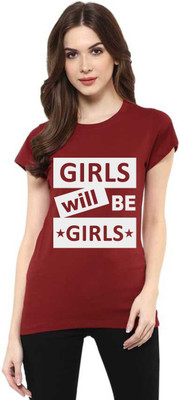 Aseria Printed Women Round Neck Maroon T-Shirt