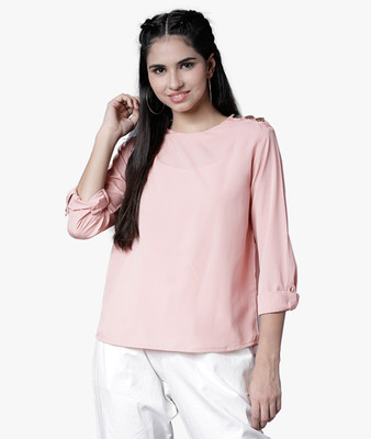 Tokyo Talkies Casual Roll-up Sleeve Solid Women Pink Top