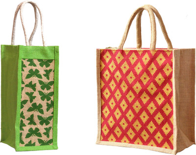 

AGGDA Blue color Leaf & Flower printed Jute Burlap Lunch tiffin Outdoor handbag Bag working office bag && Jute Eco-Friendly Butterfly Printed Water Bottle Wine Bottle Carry Bag 1 Liter Capacity Waterproof Multipurpose Bag(Red, 16 L)