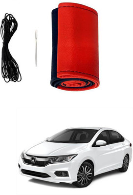 AYW Hand Stiched Steering Cover For Honda New City(Red, Black, Leather)