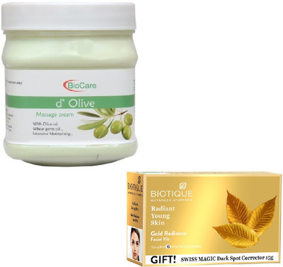 

Biocare D OLIVE CREAM 500GM WITH BIOTIQUE GOLD RADIANCE FACIAL KIT 65GM(Set of 2)