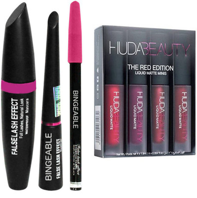 

Bingeable Liquid EYELINER, MASCARA & EYEBROW PENCIL With Huda Red Edition Liquid Matte Lipsticks (Set of 4)(Set of 2)