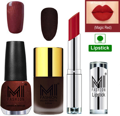 

MI FASHION Premium Quality Super Saver Nail Polish and Lipstick Combo - Dark Brown Matte Nail Polish,Metallic Maroon Shine Nail Polish and Romantic Red Lipstick(Set of 3)