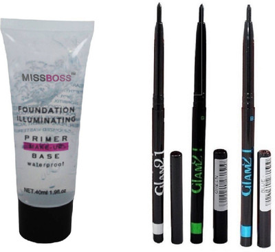 

Miss Boss Foundation illuminating Primer - 40 ml and glam 3 bgb (blue,green,black) kajal combo(Set of 2)