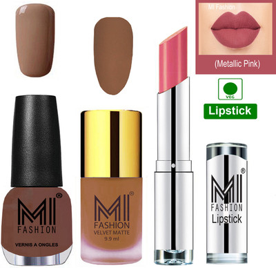 

MI FASHION Premium Quality Super Saver Nail Polish and Lipstick Combo - Dark Nude Matte Nail Polish,Muddy Nude Shine Nail Polish and Matelic Nude Lipstick(Set of 3)