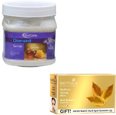 

Biocare DIAMOND SCRUB 500GM WITH BIOTIQUE GOLD RADIANCE FACIAL KIT 65GM(Set of 2)