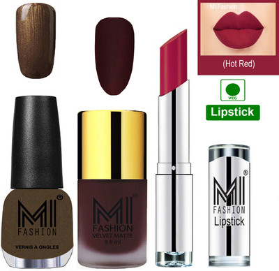 

MI FASHION Premium Quality Super Saver Nail Polish and Lipstick Combo - Wine Matte Nail Polish,Metallic Coffee Shine Nail Polish and Dry Red Lipstick(Set of 3)