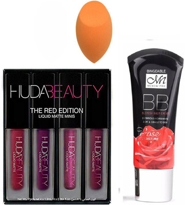 

Bingeable Powder puff with HB Red Edition lipsticks (Set of 4) & BB Rose Moisture Foundation(Set of 3)