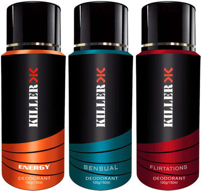 

Killer Flirtatious, Energy and Sensual Deodorant 150ML Each (Pack of 3) For Men and Women Deodorant Spray Body Spray - For Men & Women(150 ml, Pack of 3)