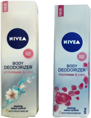 

Nivea 1 WHITE MUSK & CARE BODY DEODORIZER 120ML+ 1 FRESH ROSE & CARE BODY DEODORIZER 120ML Deodorant Spray - For Men & Women(120 ml, Pack of 2)