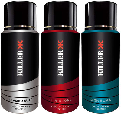 

Killer Flamboyant, Flirtatious and Sensual Deodorant 150ML Each (Pack of 3) For Men and Women Deodorant Spray Body Spray - For Men & Women(150 ml, Pack of 3)