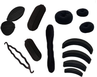 

One Personal Care Sponge French Twist Roll + Donut Maker + Ring Shaper + Bump It Tool (Combo of 13) Hair Accessory Set(Black)