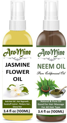

AroMine 100% Pure & Natural Jasmine ( Chameli) Oil & Neem Oil For Hair Growth, Hair Treatment Dandruff Oil-(100ml)-Packof-2-Bottle-(200ml) Hair Oil-(200ml) Hair Oil(200 ml)