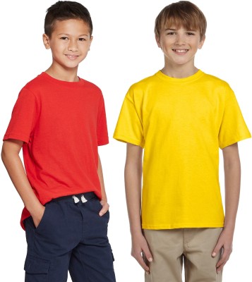 CLITHS Boys Solid Cotton Blend T Shirt(Yellow, Pack of 2)