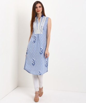 W Women Printed, Embellished Straight Kurta(Blue)