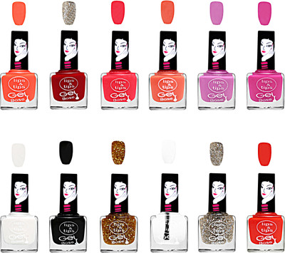 

Lips & Tips Gel Based High Shine Nail Polish Combo of 12 - orange, golden glitter,red etc (Set of 12) MULTICOLOR(Pack of 12)