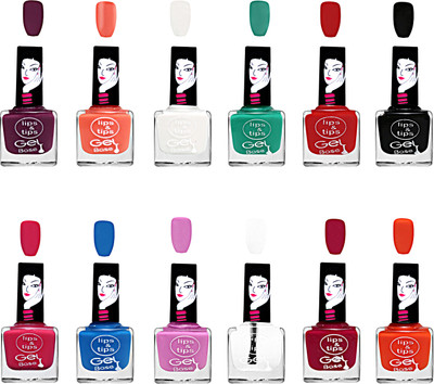 

Lips & Tips Gel Based Multicolor Nail Polish Combo of 12 - white, green, red, top coat, orange etc (Set of 12) MULTICOLOR(Pack of 12)
