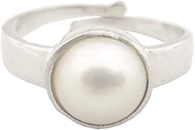RS JEWELLERS RS JEWELLERS Certified Pearl 6.10 Ratti Natural Stone Round Shape Silver Metal Ring for Men and Women Metal Pearl Sterling Silver Plated Ring