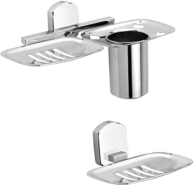 

KITCHENCLOUD Bathroom Accessories Set ( Combo of 2 Piece ) Toothbrush Holder With Soap dish,Soap Stand(Silver)